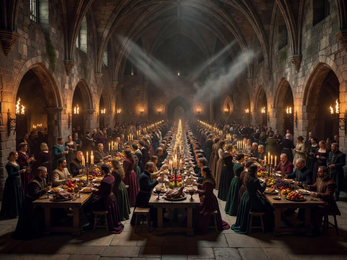 Atmospheric evening event setting inside a vaulted medieval castle hall