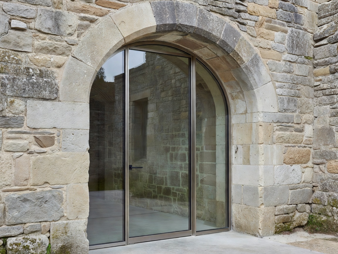 Carefully integrated modern glass doorway within a restored heritage stone arch