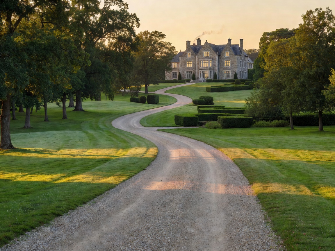 Winding gravel approach road and landscaped grounds leading to an estate